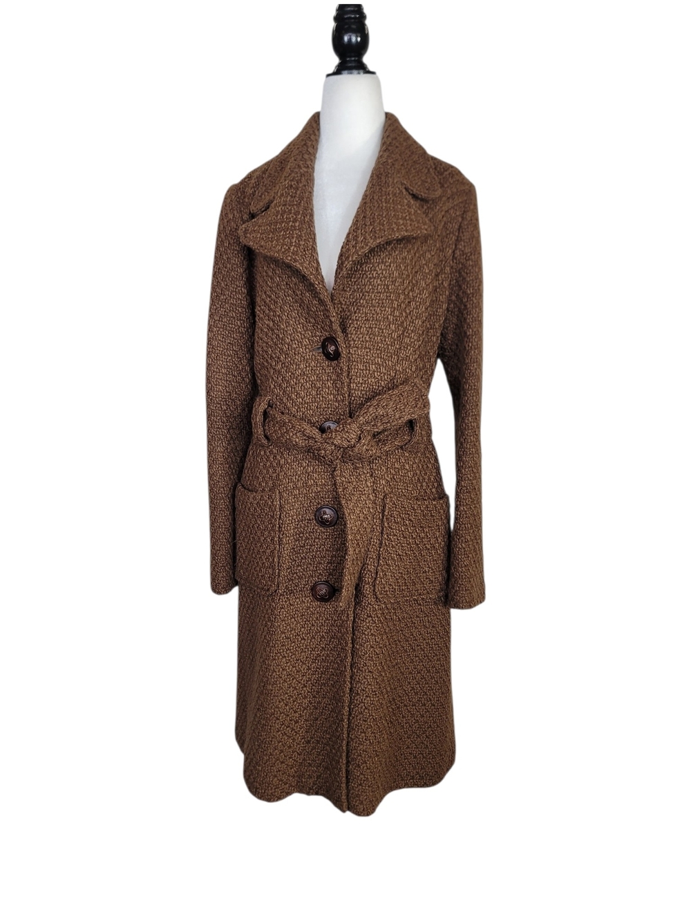 Iris Setlakwe Tweed Wool Brown Mi-Long Trench Coat with Belt